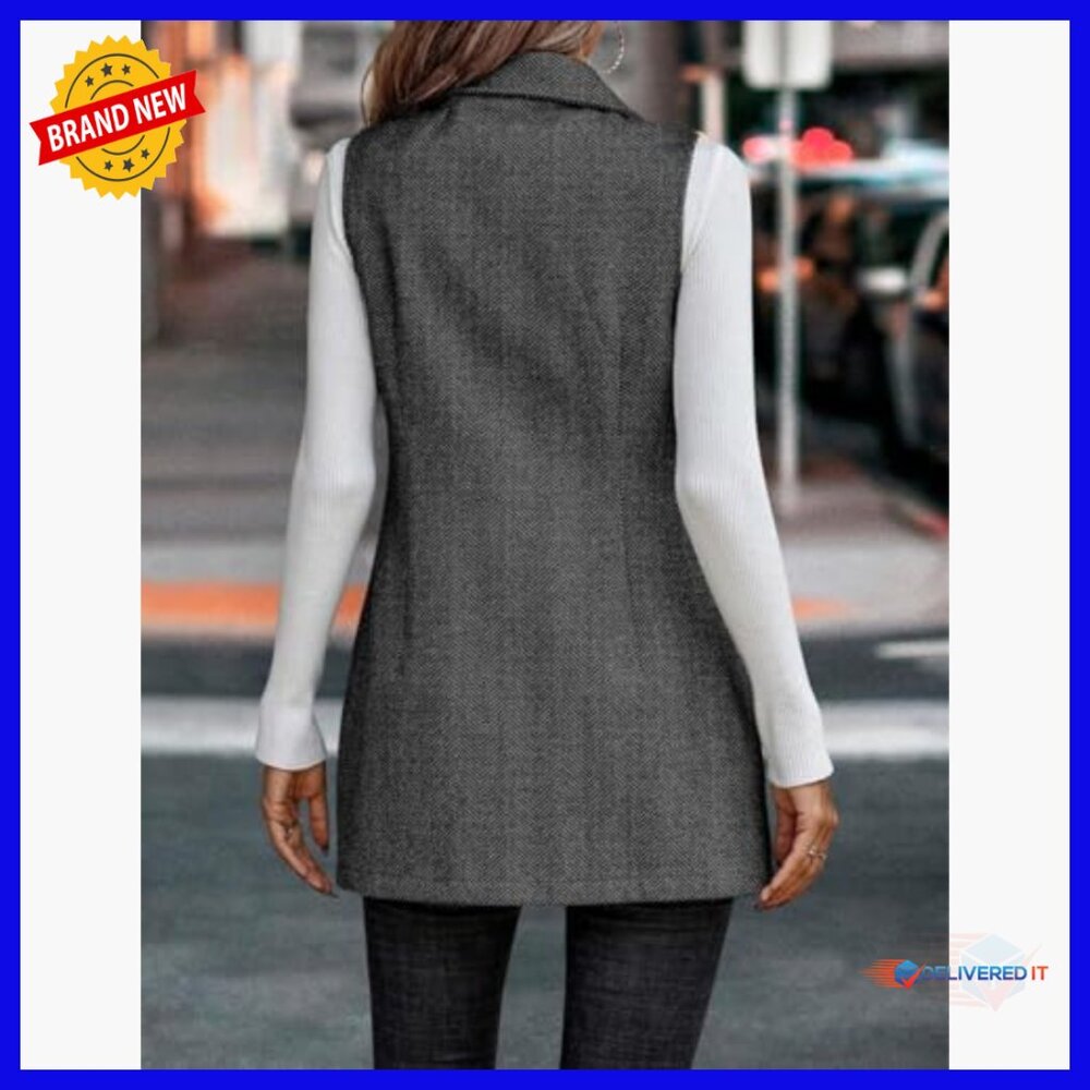 Long Sleeveless Tweed Vest Blazer Women's Wool Blend Double Breasted - Picture 2 of 5